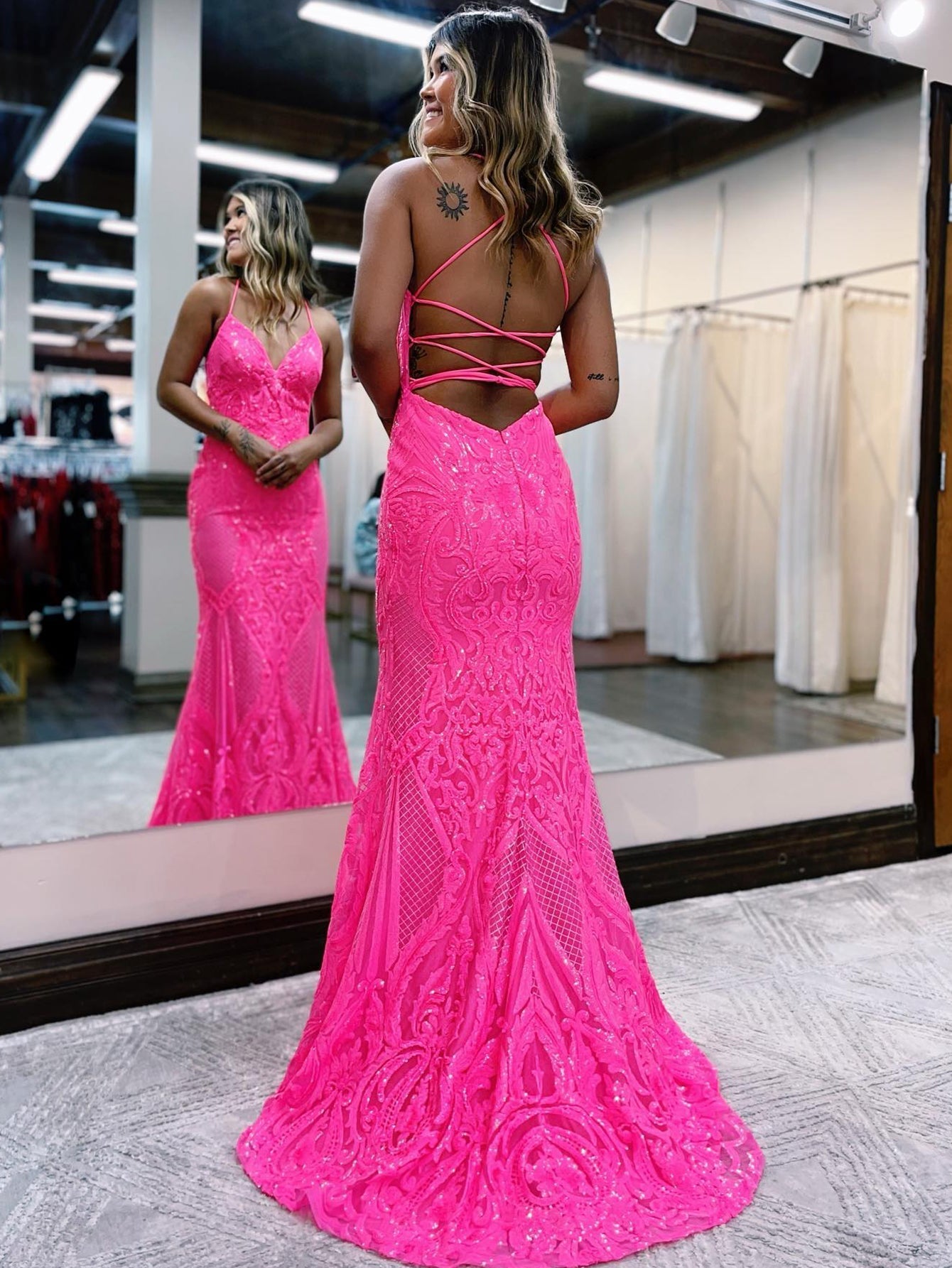 V-Neck Pink Glitter Backless Mermaid Bodycon Long Prom Dress