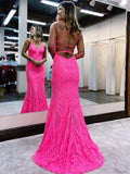 V-Neck Pink Glitter Backless Mermaid Bodycon Long Prom Dress