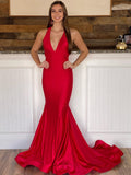 Halter Deep V-Neck Red Long Bodycon Prom Dress