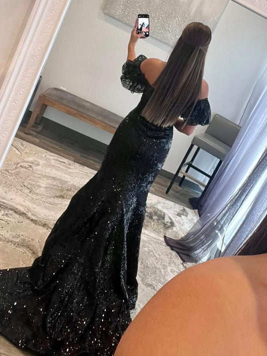 Elegant Black Strapless Sequins Long Mermaid Prom Dress