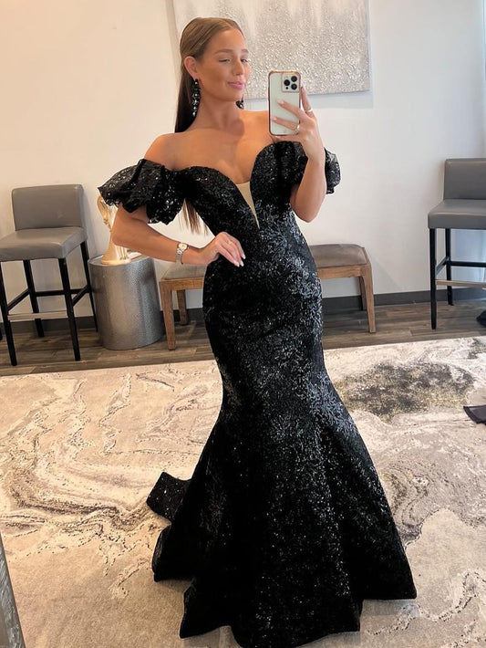 Elegant Black Strapless Sequins Long Mermaid Prom Dress