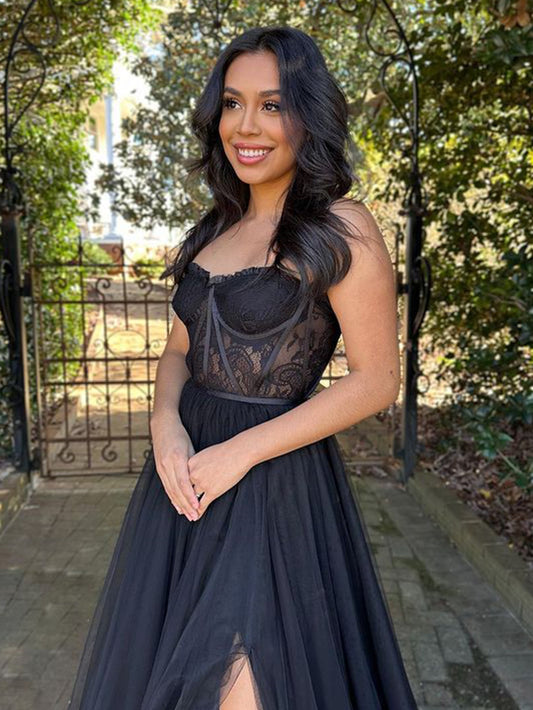 Talia | Black Sweetheart Corset Tulle A-Line Prom Dress with Slit