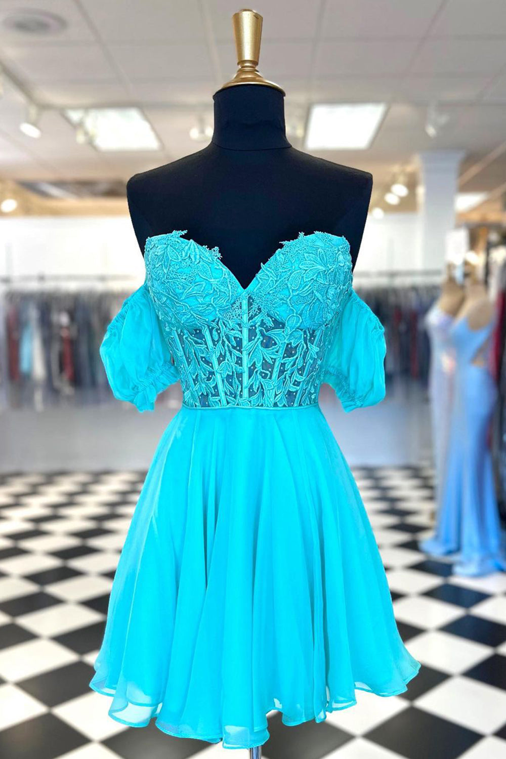 Lavinia | Off-the-Shoulder Lace A-Line Homecoming Dress with Appliques