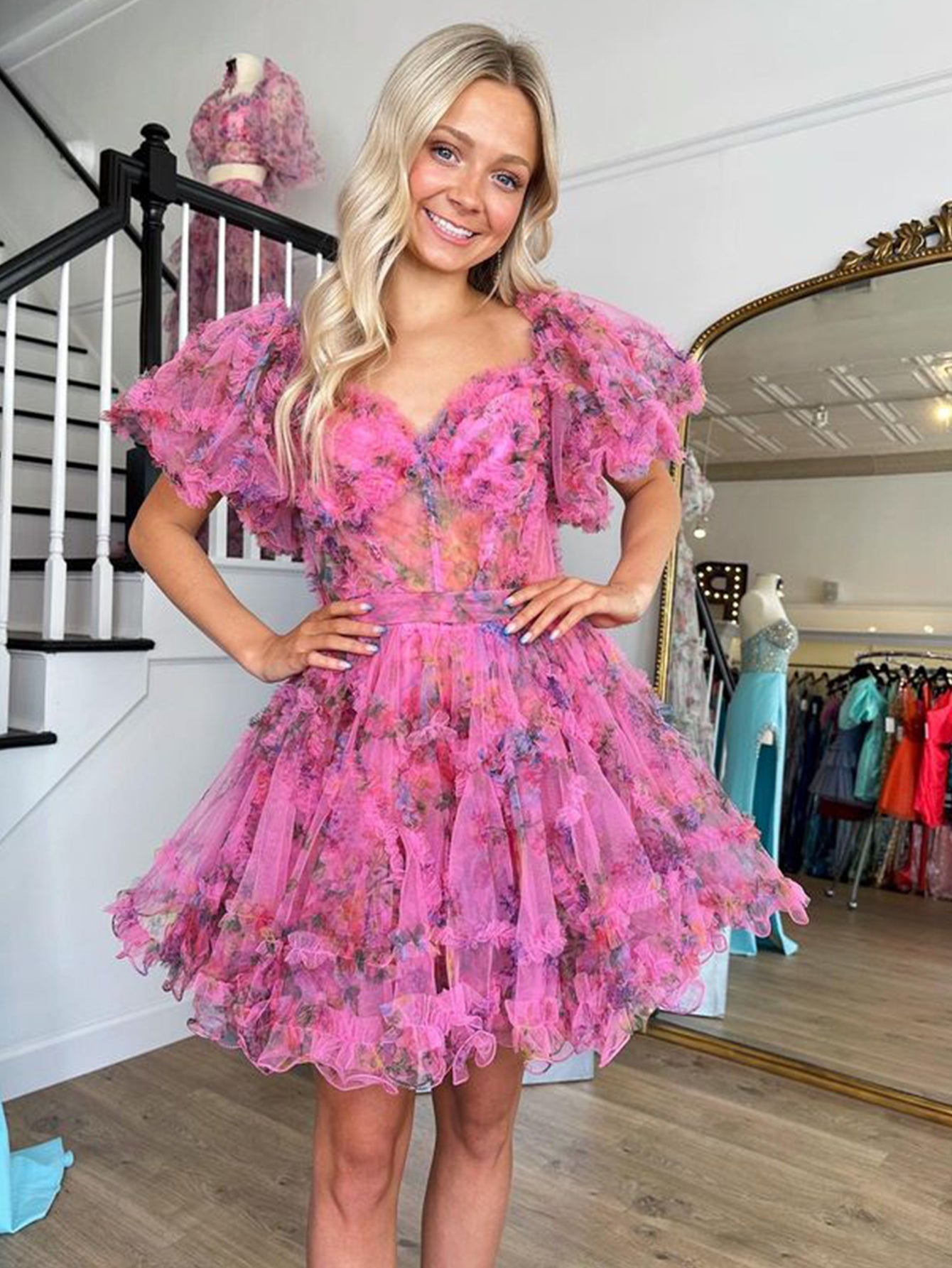 Ivana | Off-the-Shoulder Pink A-Line Floral Printed Homecoming Dress