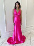 Backless Pink V Neck Long Prom Dress