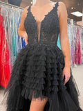 Chic Black V-Neck Asymmetrical Tulle Long Prom Dress