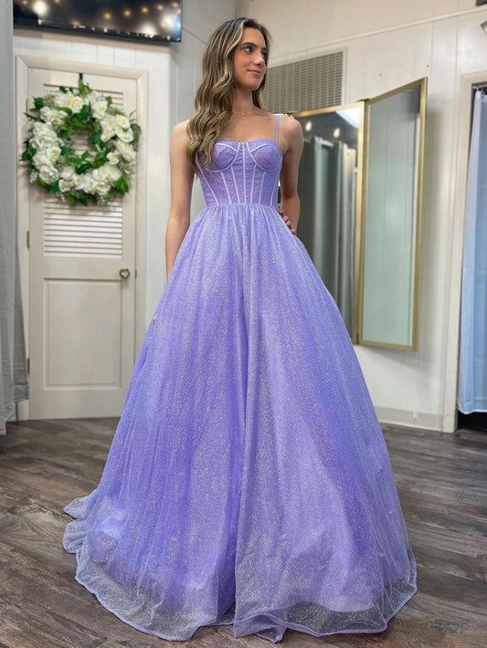 Julissa |A Line Glitter Tulle Prom Dress with Pockets