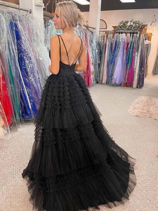 Chic Black V-Neck Asymmetrical Tulle Long Prom Dress