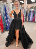 Chic Black V-Neck Asymmetrical Tulle Long Prom Dress