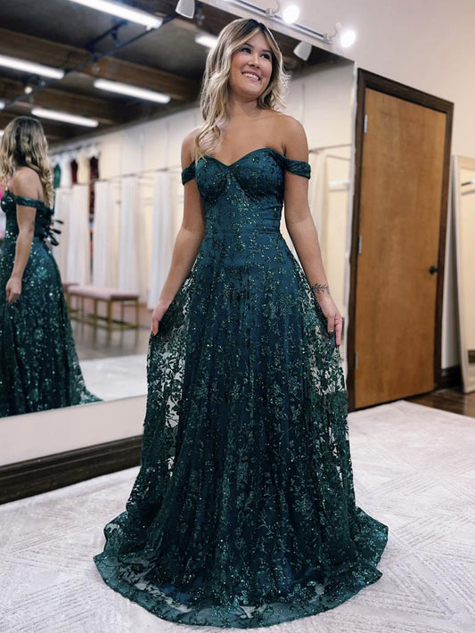 Dark Green Off-The-Shoulder Glitter Mermaid Long Prom Dress