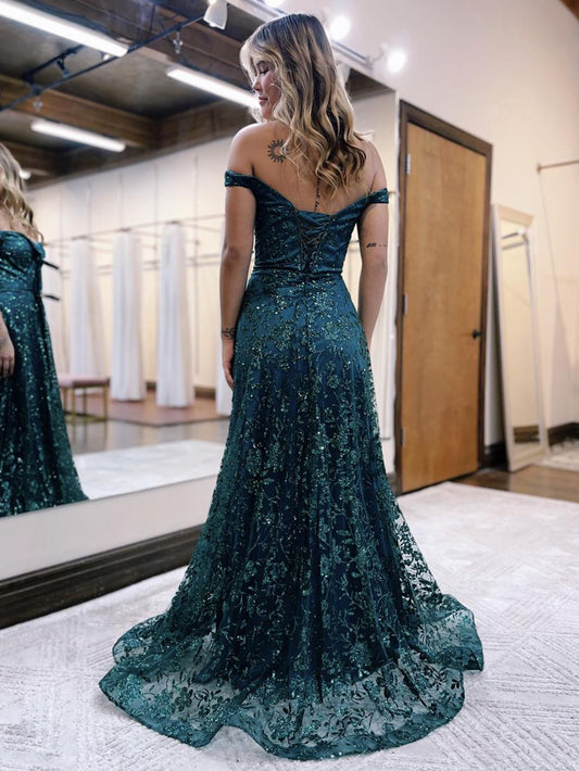 Dark Green Off-The-Shoulder Glitter Mermaid Long Prom Dress