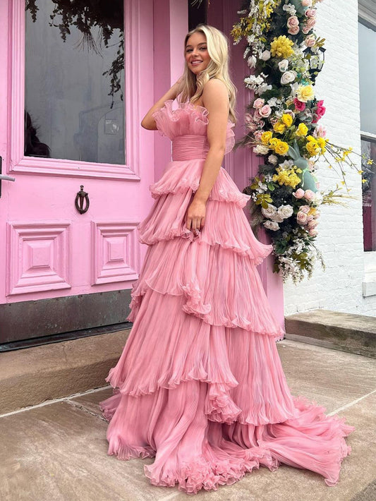 Vanessa |Pink Strapless A-Line Tiered Crinkled Tulle Prom Dress with Ruffles