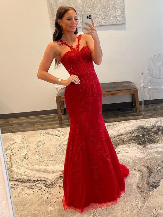 Morgan | Red Halter Lace Mermaid Long Prom Dress