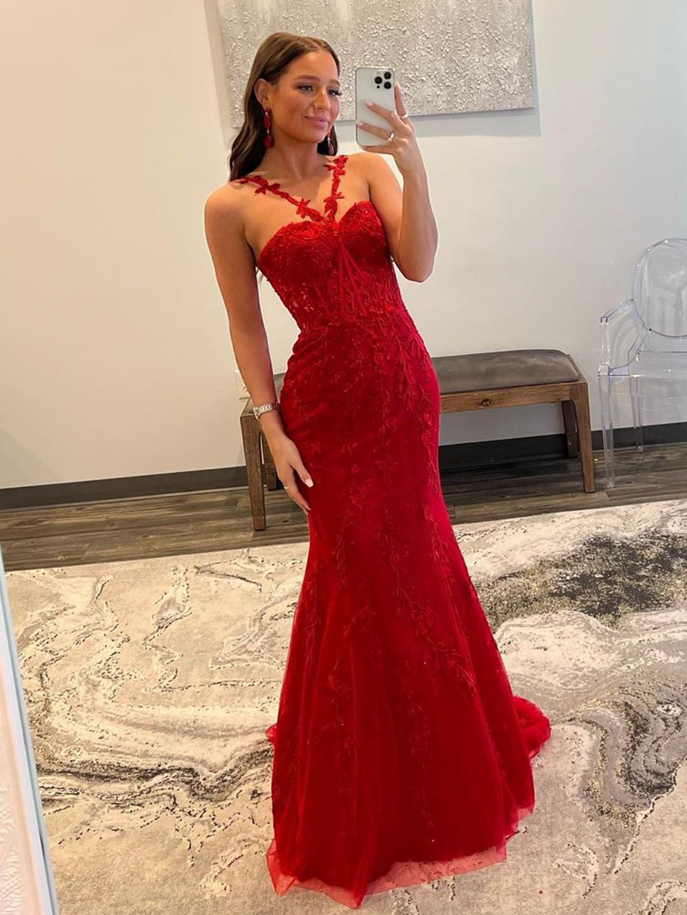 Morgan | Red Halter Lace Mermaid Long Prom Dress