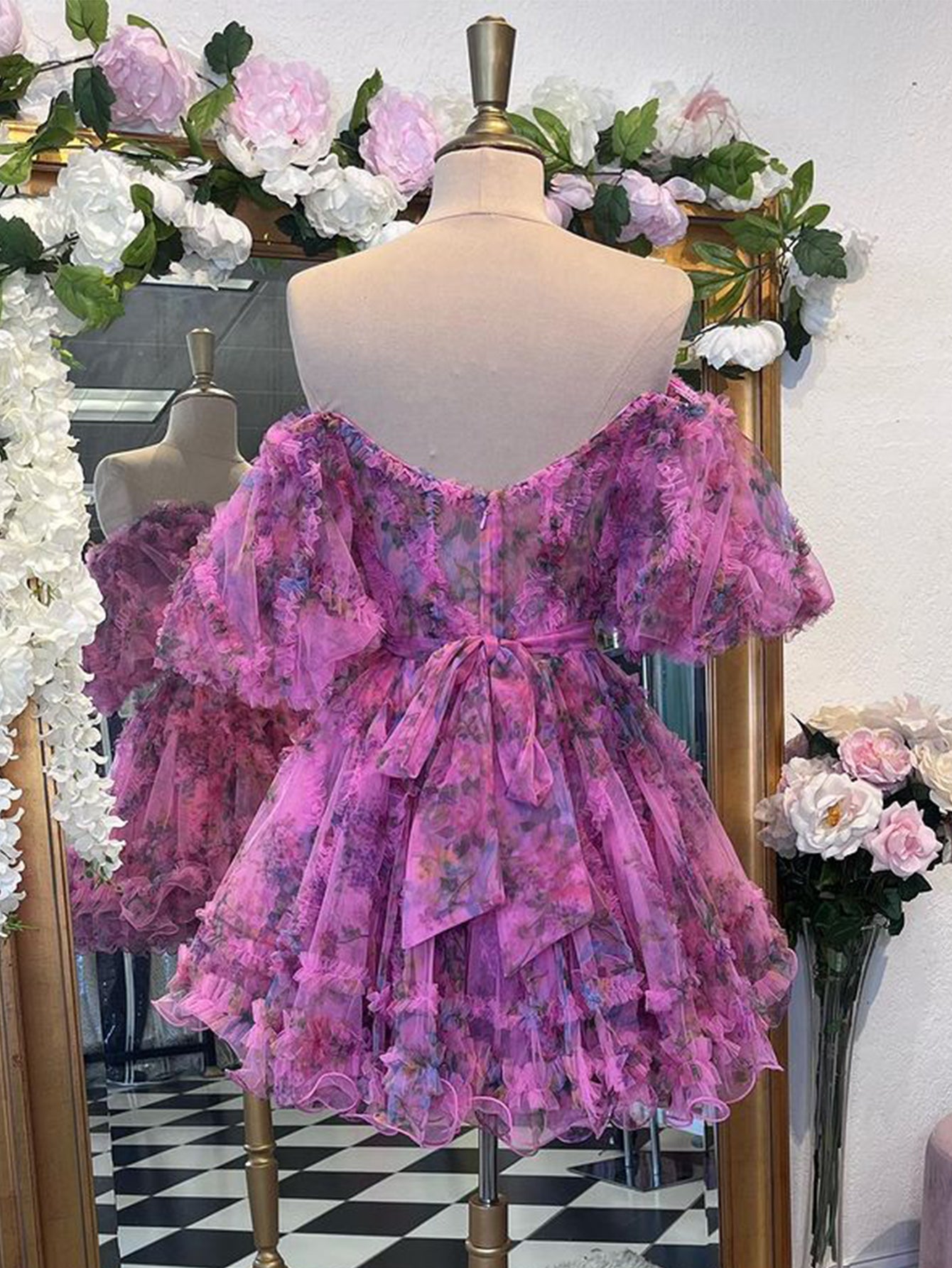 Ivana | Off-the-Shoulder Pink A-Line Floral Printed Homecoming Dress