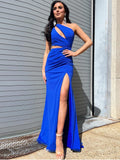 Royal Blue One Shoulder Cutout Long Mermaid Prom Dress With Slit