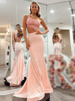 Glittering Pink Mermaid One-Shoulder Cutout Long Prom Dress