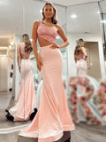 Glittering Pink Mermaid One-Shoulder Cutout Long Prom Dress