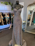 Grey Glitter V-Neck Long Prom Dress with Slit