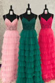 Aubree | Dark Green A-Line Tiered Tulle Long Prom Dress with Lace