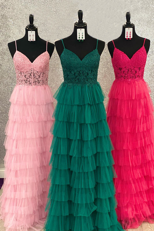 Aubree | Dark Green A-Line Tiered Tulle Long Prom Dress with Lace