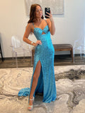 Mermaid V-Neck Cutout Blue Long Prom Dress