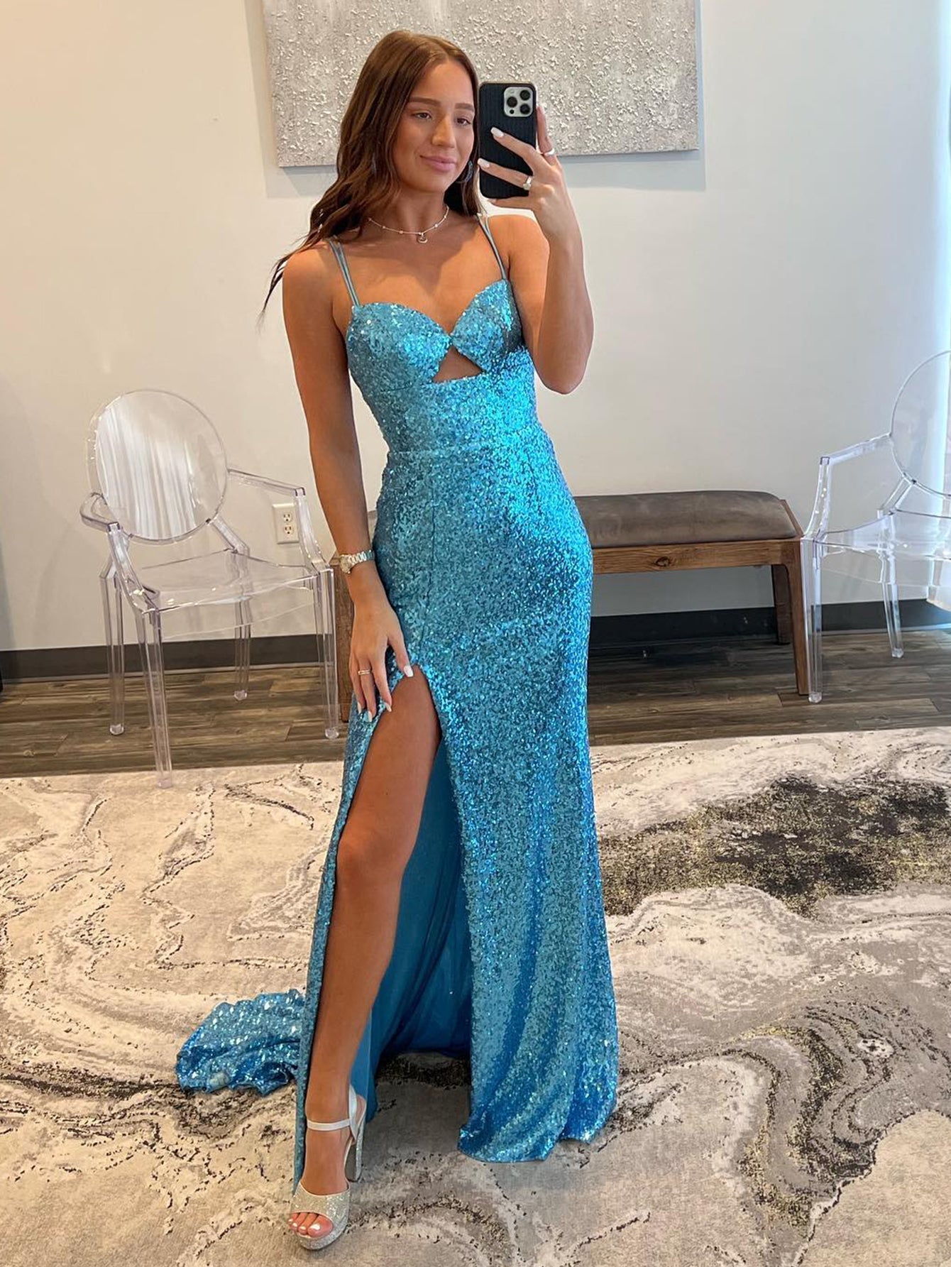 Mermaid V-Neck Cutout Blue Long Prom Dress