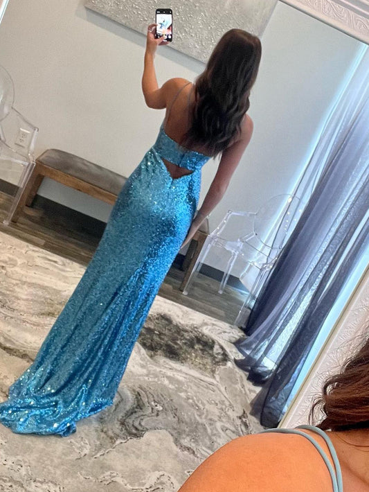 Mermaid V-Neck Cutout Blue Long Prom Dress