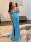 Mermaid V-Neck Cutout Blue Long Prom Dress