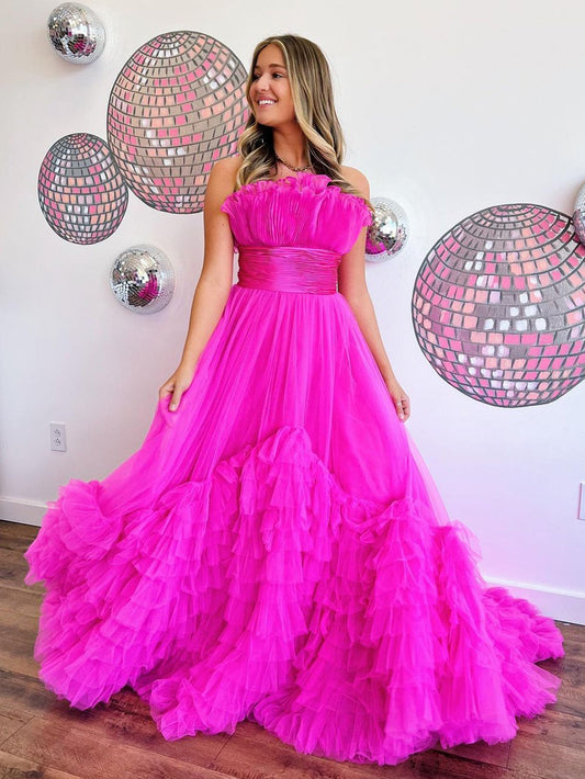 Alani | A-Line Strapless Pink Tiered Long Tulle Prom Dress