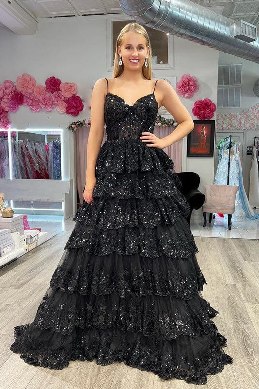 Maryam | Tiered Lace A-Line Prom Dress with Spaghetti Straps