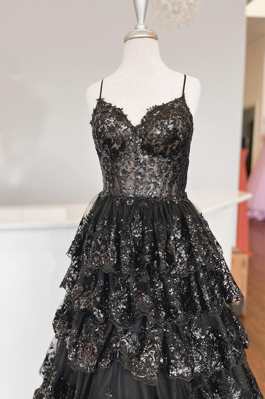 Maryam | Tiered Lace A-Line Prom Dress with Spaghetti Straps