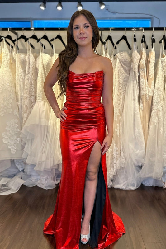 Scarlett | Cute Mermaid Strapless Red Metallic Satin Long Prom Dress with Slit