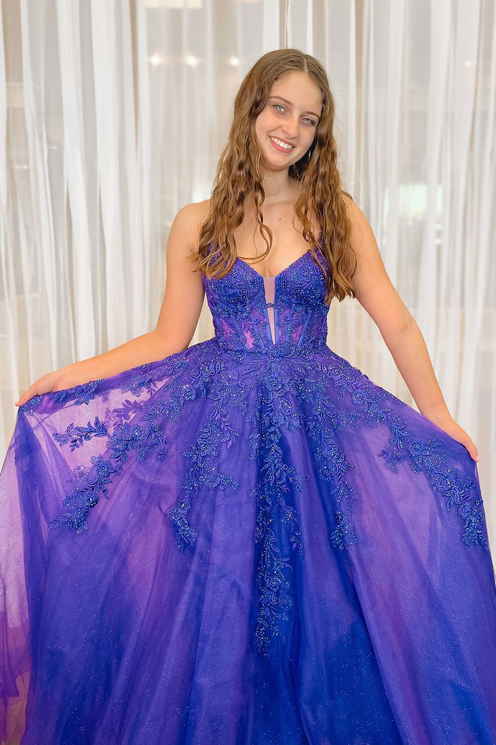 Amara | Cute A-Line V-Neck Sparkly Purple Tulle Long Prom Dress with Appliques