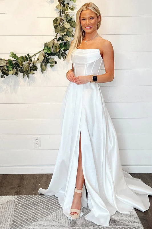 Lena | Simple A-Line Cowl Neck Satin Long Slit Wedding Dress