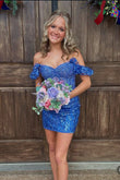 Cute Off-the-Shoulder Blue Sequins Lace Bodycon Short Homecoming Dress