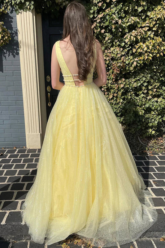 Alaiya |A-Line V Neck Glitter Tulle Prom Dress