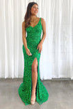 Sparkly Green Mermaid Sequin Long Prom Dress with Slit