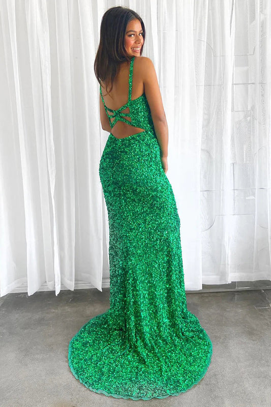 Sparkly Green Mermaid Sequin Long Prom Dress with Slit