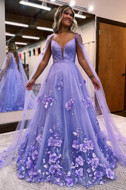 Lavender A-Line Prom Dress with 3D Floral Lace and Flowing Cape Sleeves