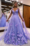 Lavender A-Line Prom Dress with 3D Floral Lace and Flowing Cape Sleeves