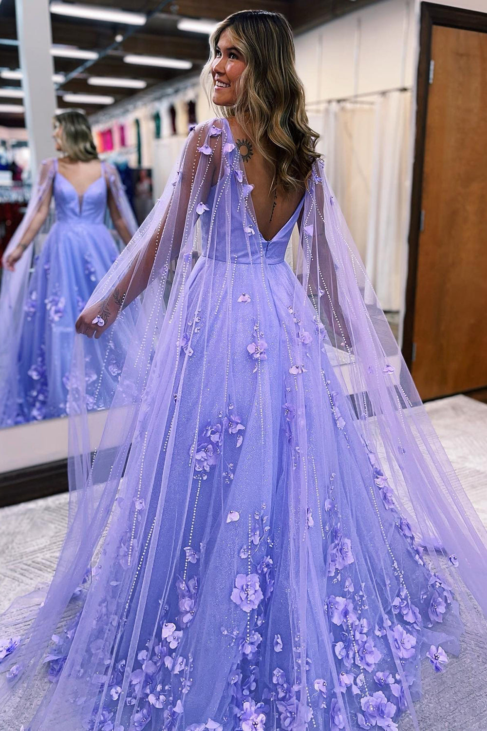 Lavender A-Line Prom Dress with 3D Floral Lace and Flowing Cape Sleeves