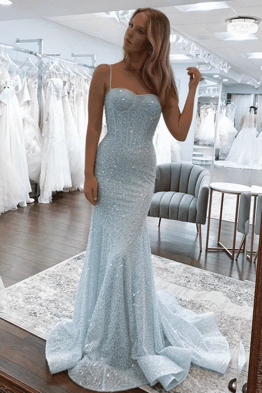 Charming Mermaid Lllusion Light Sky Blue Sequins Long Prom Dresses with Beadings