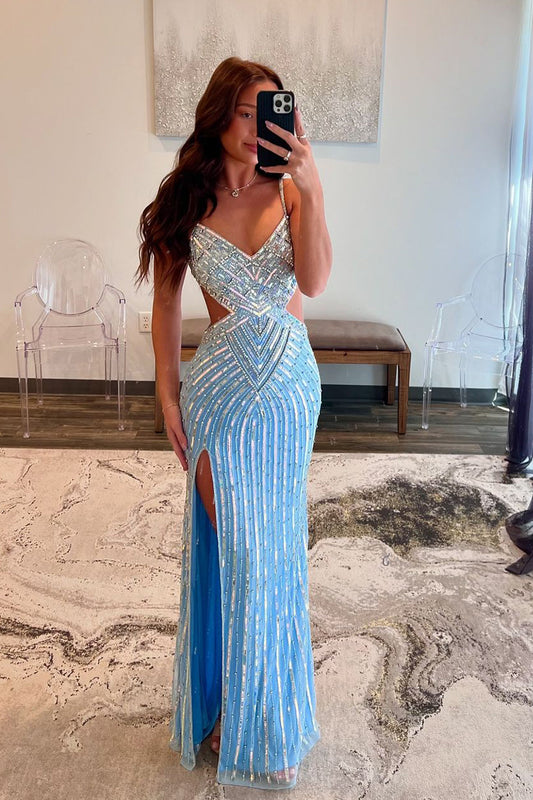 Stunning Mermaid V-Neck Blue Beaded Long Prom Dress with Slit