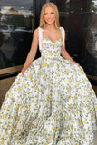 A-Line Sweetheart Floral Printed Satin Long Prom Dresses