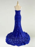 Celeste | Elegant Sapphire Blue Mermaid Stretch Satin Illusion Neck Prom Dress with Appliques JB120302