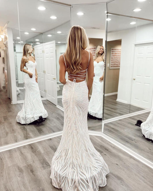 Elegant Mermaid V-Neck White Sequin Long Prom Dress