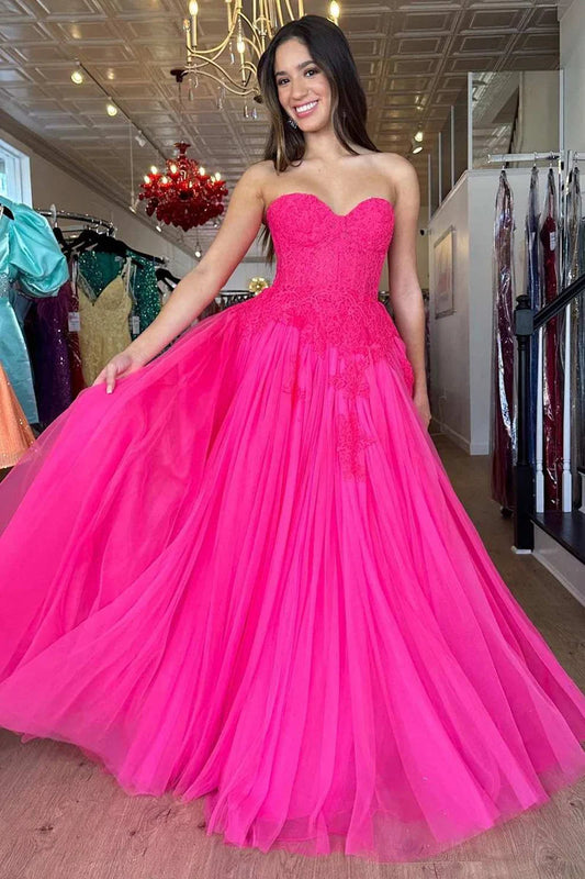 Lily | Cute Ball Gown Sweetheart Pink Tulle Long Prom Dress with Appliques