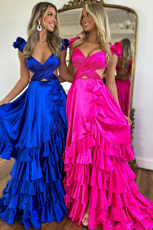 Fiona | Fashion A-Line V-Neck Fuchsia Satin Long Prom Dress with Slit