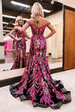 Charming Off-the-Shoulder Black Mermaid Prom Dress with Fuchsia Sequin Appliques